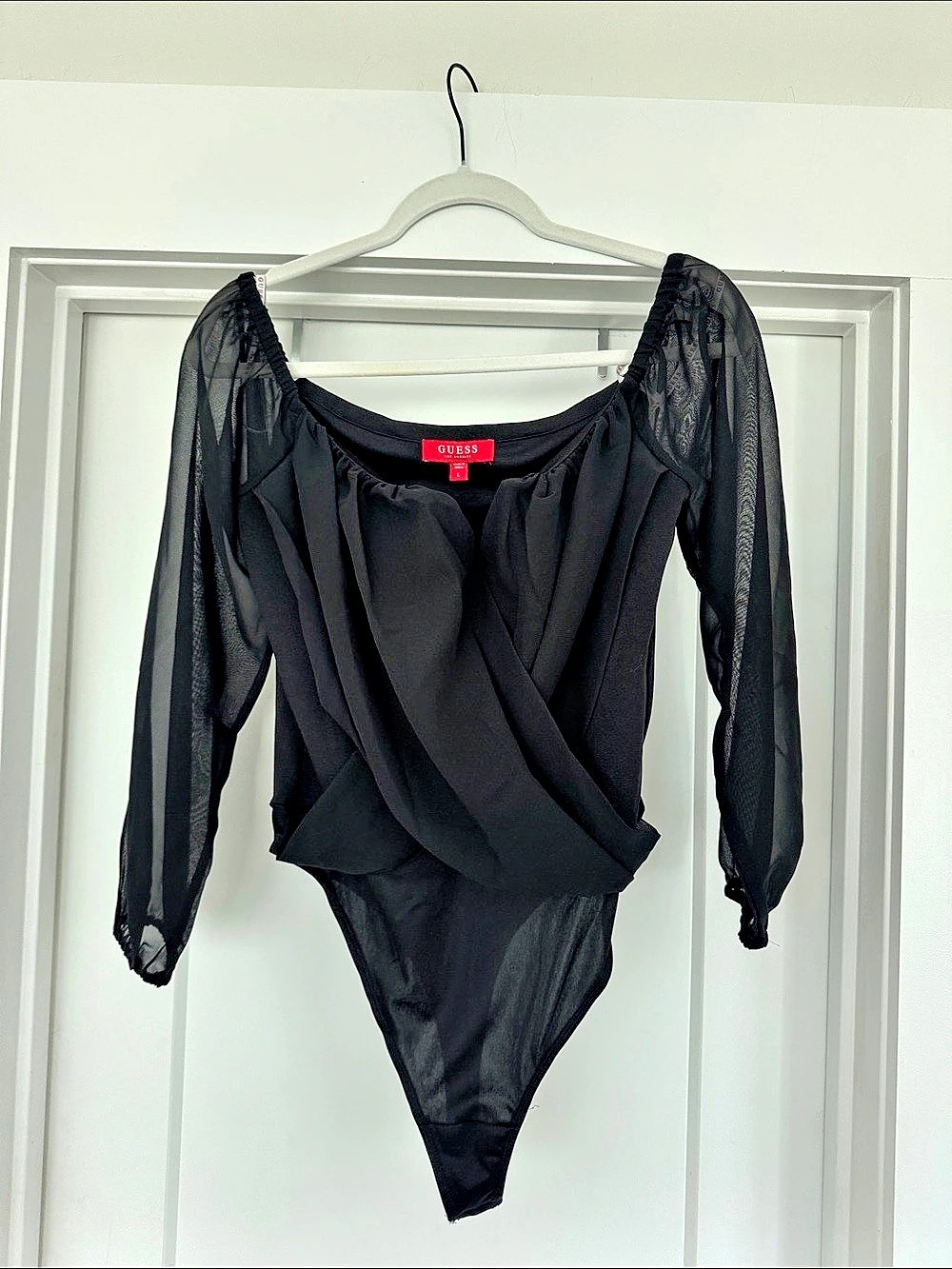 GUESS Black Mesh Sleeve Bodysuit Size Large Like New